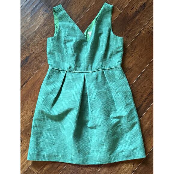 J.Crew Jacquard V-Neck Dress Size 14 Dublin Green Pleated Skirt Cotton - Picture 4 of 9
